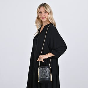  Blue Flower Embossed Faux Leather Cylinder Clutch Bag with Shoulder Strap