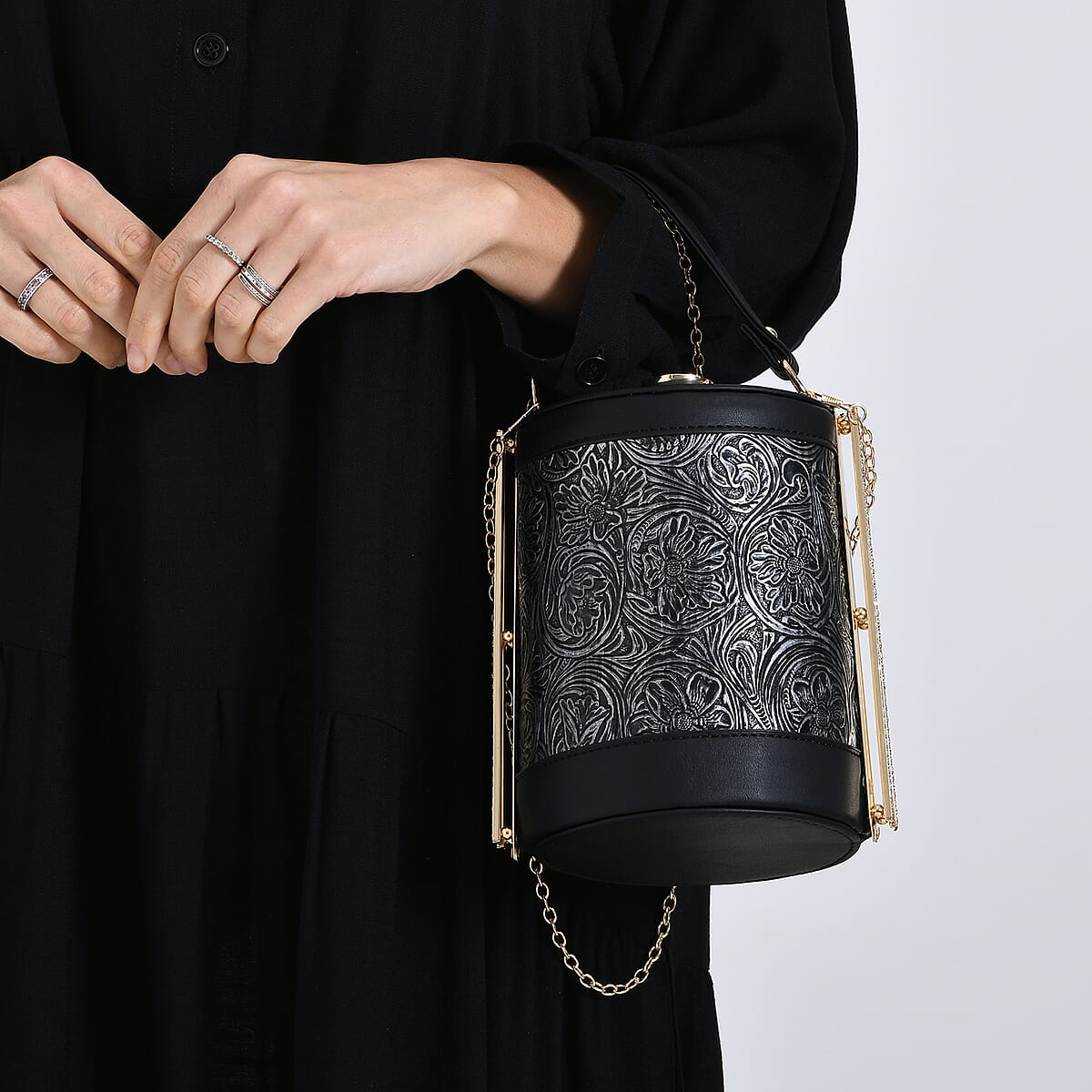  Blue Flower Embossed Faux Leather Cylinder Clutch Bag with Shoulder Strap image number 3