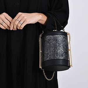  Blue Flower Embossed Faux Leather Cylinder Clutch Bag with Shoulder Strap
