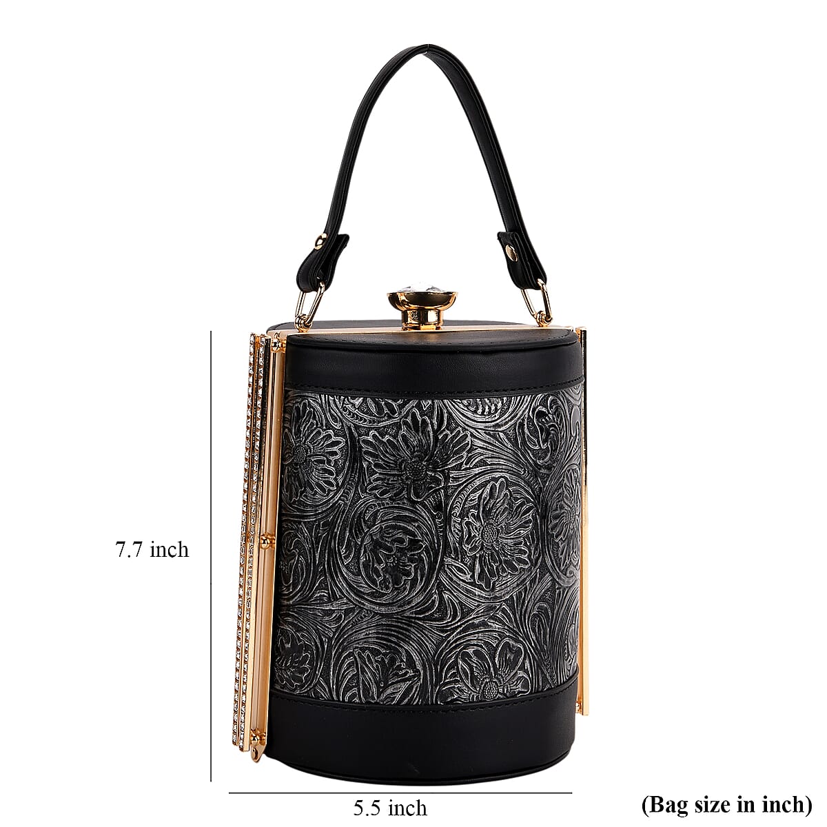  Blue Flower Embossed Faux Leather Cylinder Clutch Bag with Shoulder Strap image number 6