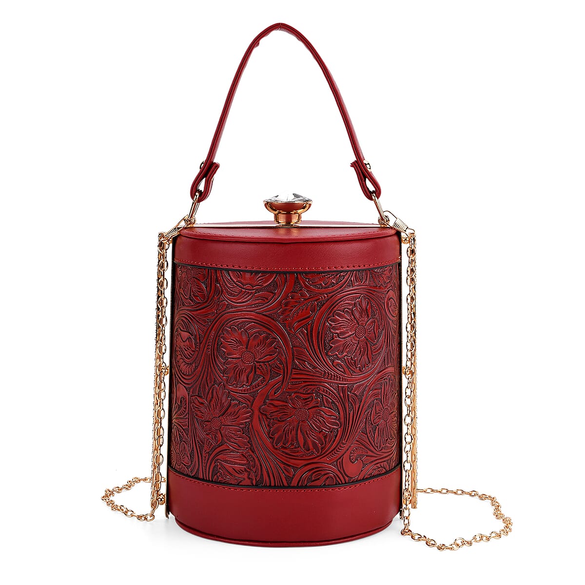  Red Flower Embossed Faux Leather Cylinder Clutch Bag with Shoulder Strap image number 0