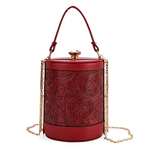  Red Flower Embossed Faux Leather Cylinder Clutch Bag with Shoulder Strap