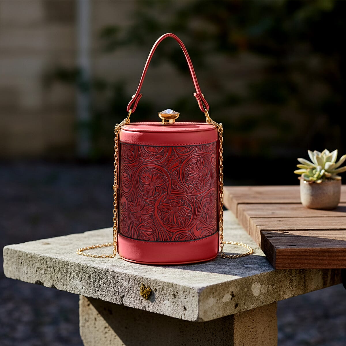  Red Flower Embossed Faux Leather Cylinder Clutch Bag with Shoulder Strap image number 1