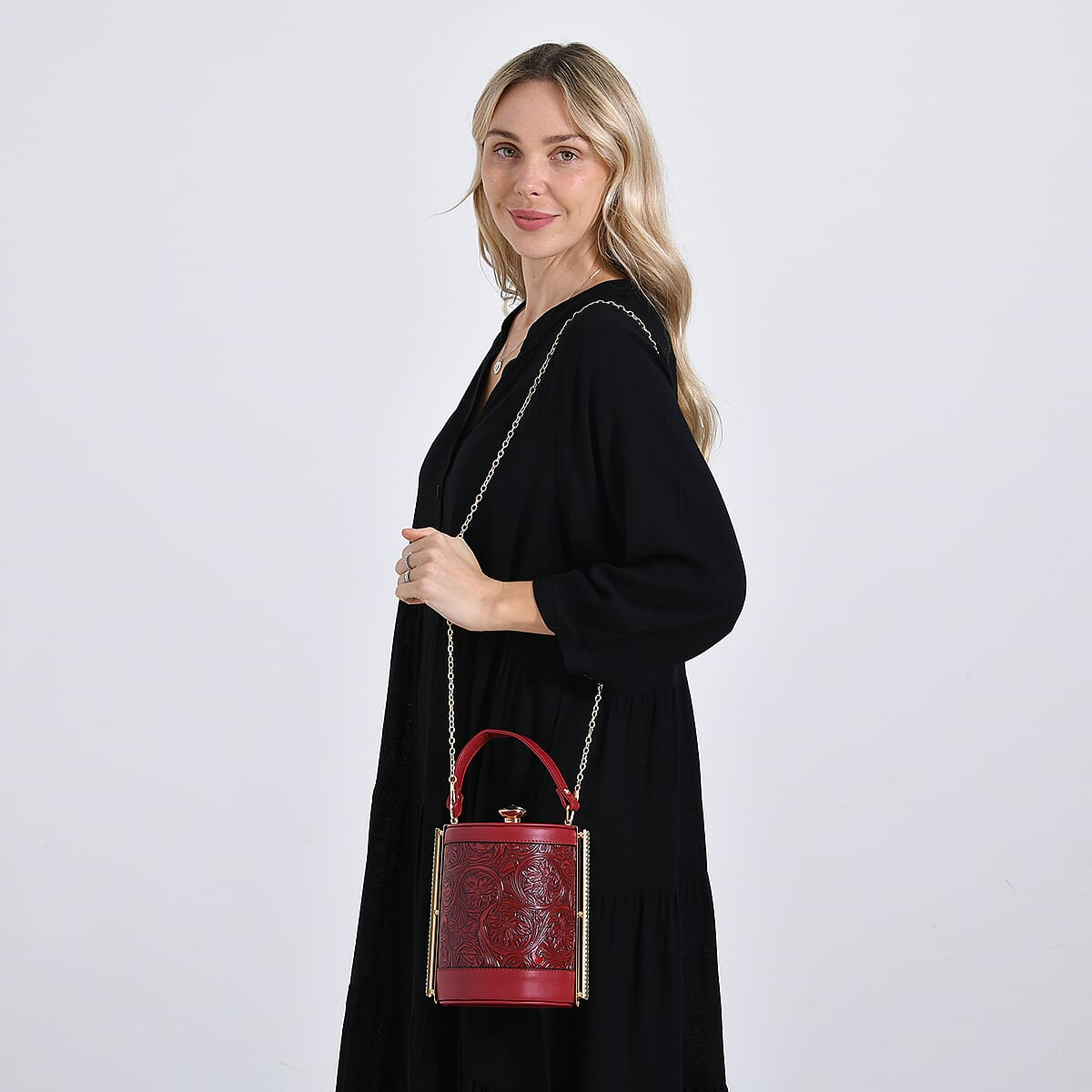  Red Flower Embossed Faux Leather Cylinder Clutch Bag with Shoulder Strap image number 2