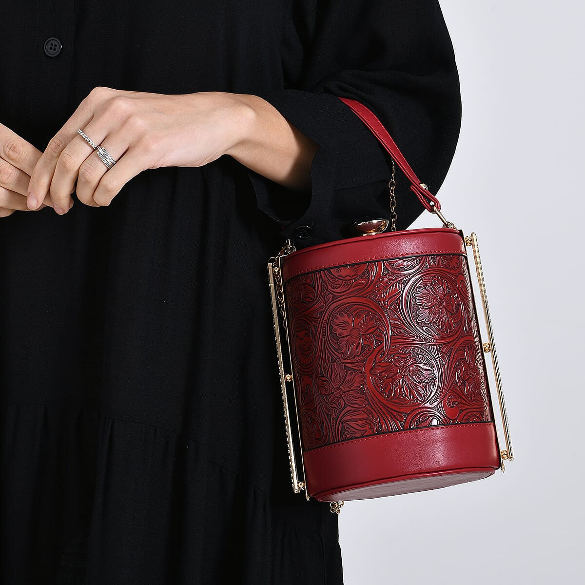  Red Flower Embossed Faux Leather Cylinder Clutch Bag with Shoulder Strap image number 3