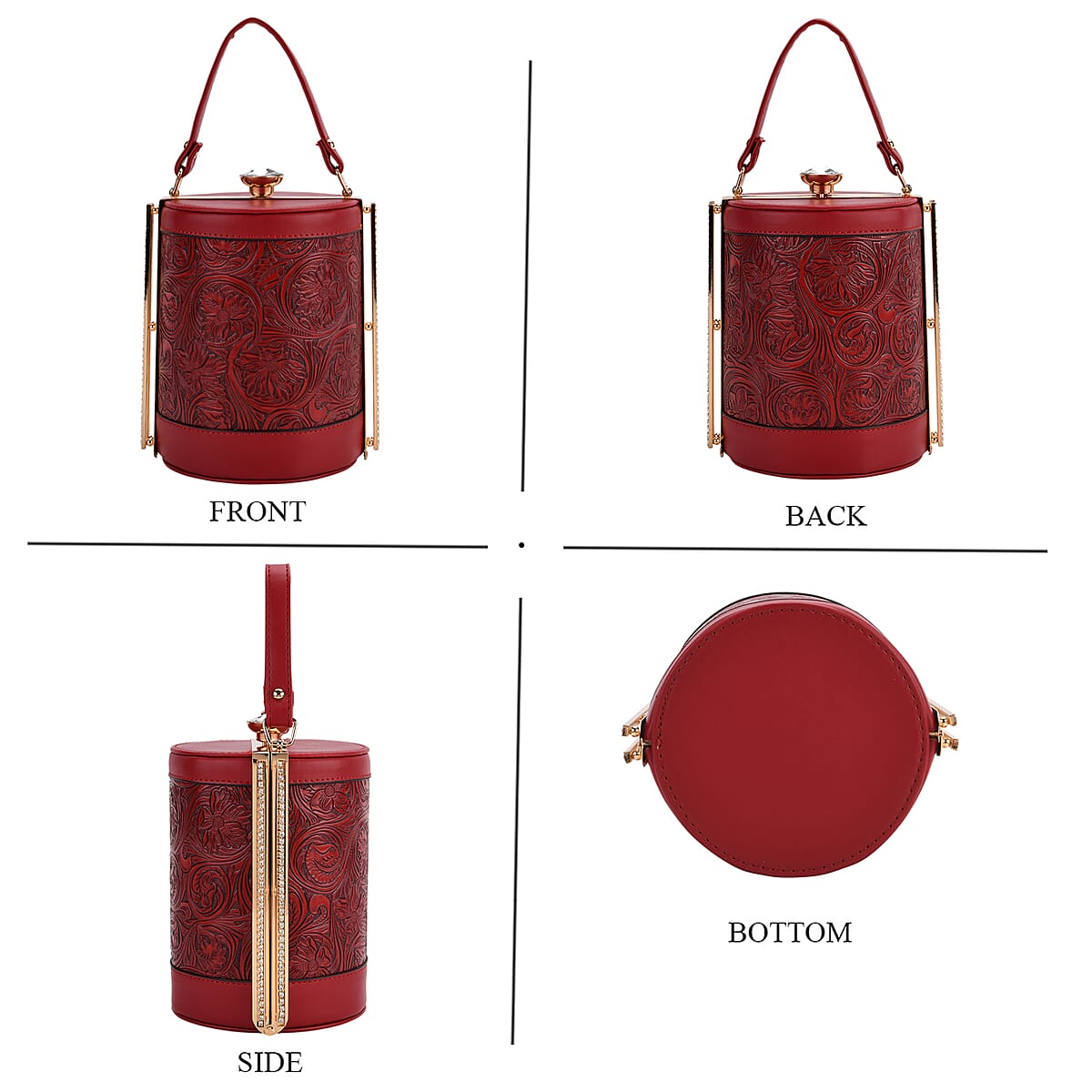  Red Flower Embossed Faux Leather Cylinder Clutch Bag with Shoulder Strap image number 4