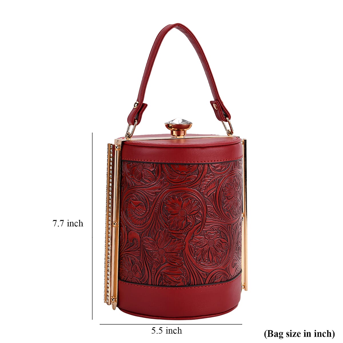  Red Flower Embossed Faux Leather Cylinder Clutch Bag with Shoulder Strap image number 6