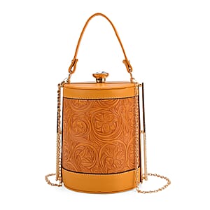  Orange Flower Embossed Faux Leather Cylinder Clutch Bag with Shoulder Strap