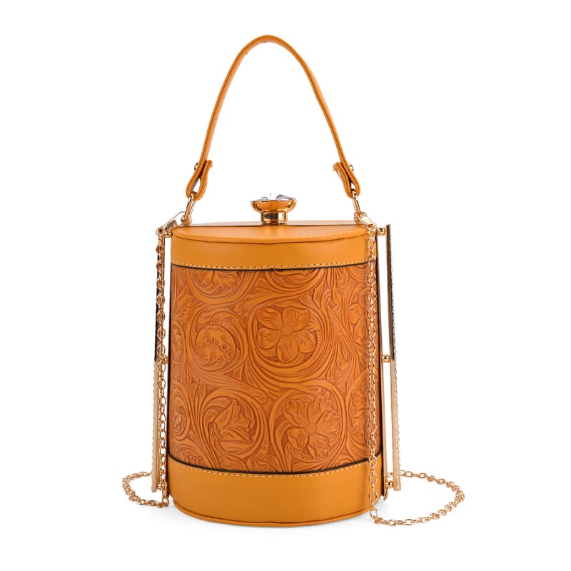 Orange Flower Embossed Faux Leather Cylinder Clutch Bag with Shoulder Strap