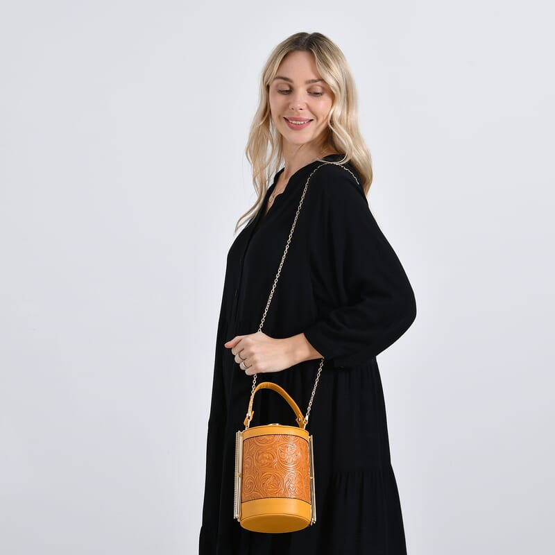Orange Flower Embossed Faux Leather Cylinder Clutch Bag with Shoulder Strap