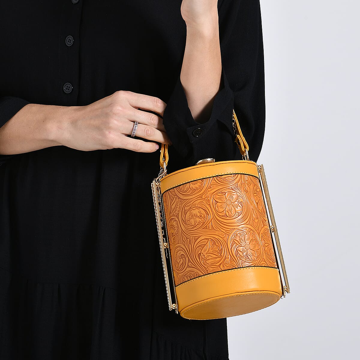  Orange Flower Embossed Faux Leather Cylinder Clutch Bag with Shoulder Strap image number 3