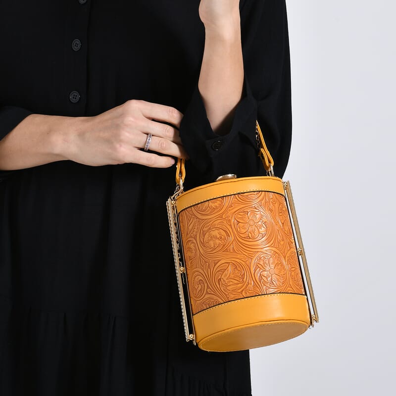 Orange Flower Embossed Faux Leather Cylinder Clutch Bag with Shoulder Strap