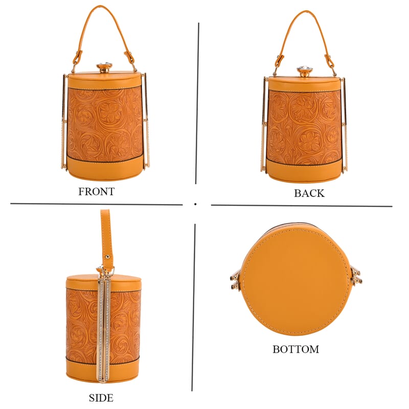 Orange Flower Embossed Faux Leather Cylinder Clutch Bag with Shoulder Strap