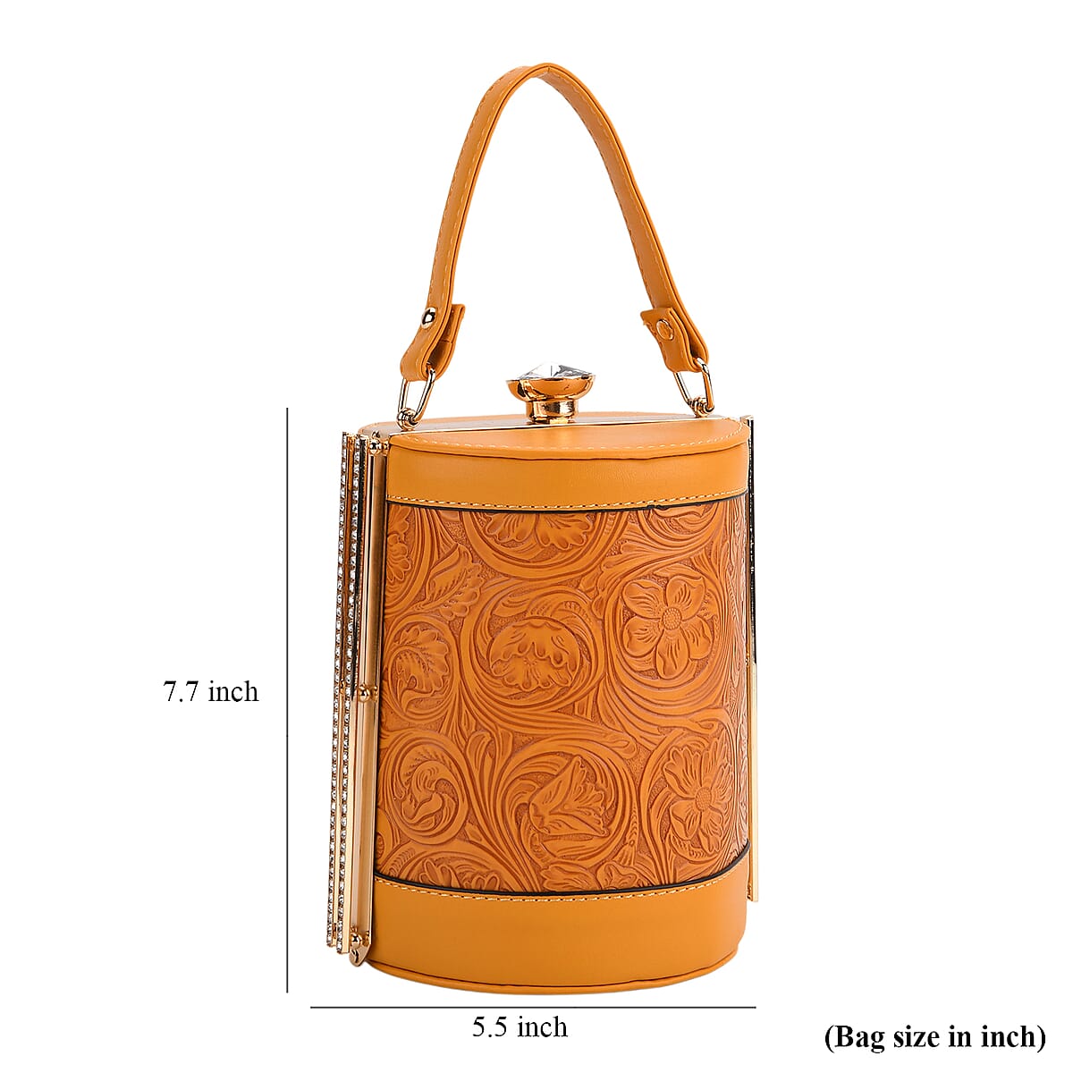  Orange Flower Embossed Faux Leather Cylinder Clutch Bag with Shoulder Strap image number 6