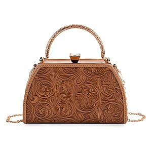 Doorbuster Brown Flower Embossed Faux Leather Trapezoidal Clutch Bag with Shoulder Strap