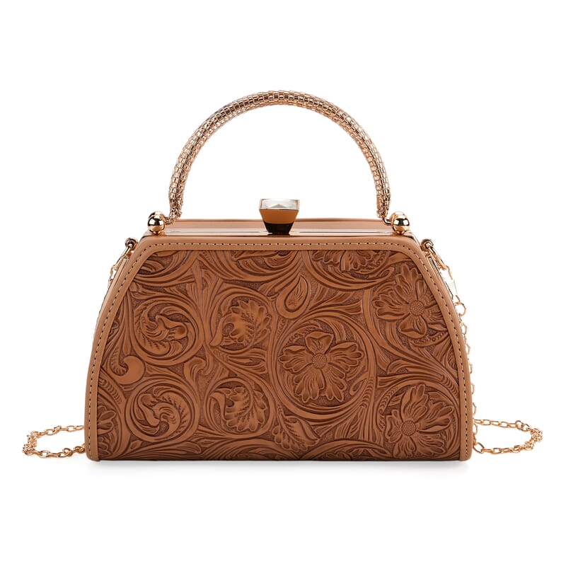 Brown Flower Embossed Faux Leather Trapezoidal Clutch Bag with Shoulder Strap