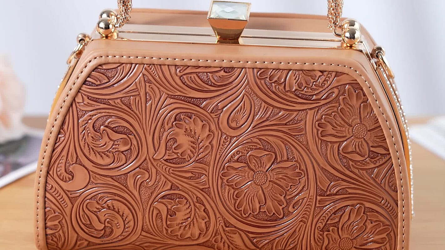 Brown Flower Embossed Faux Leather Trapezoidal Clutch Bag with Shoulder Strap