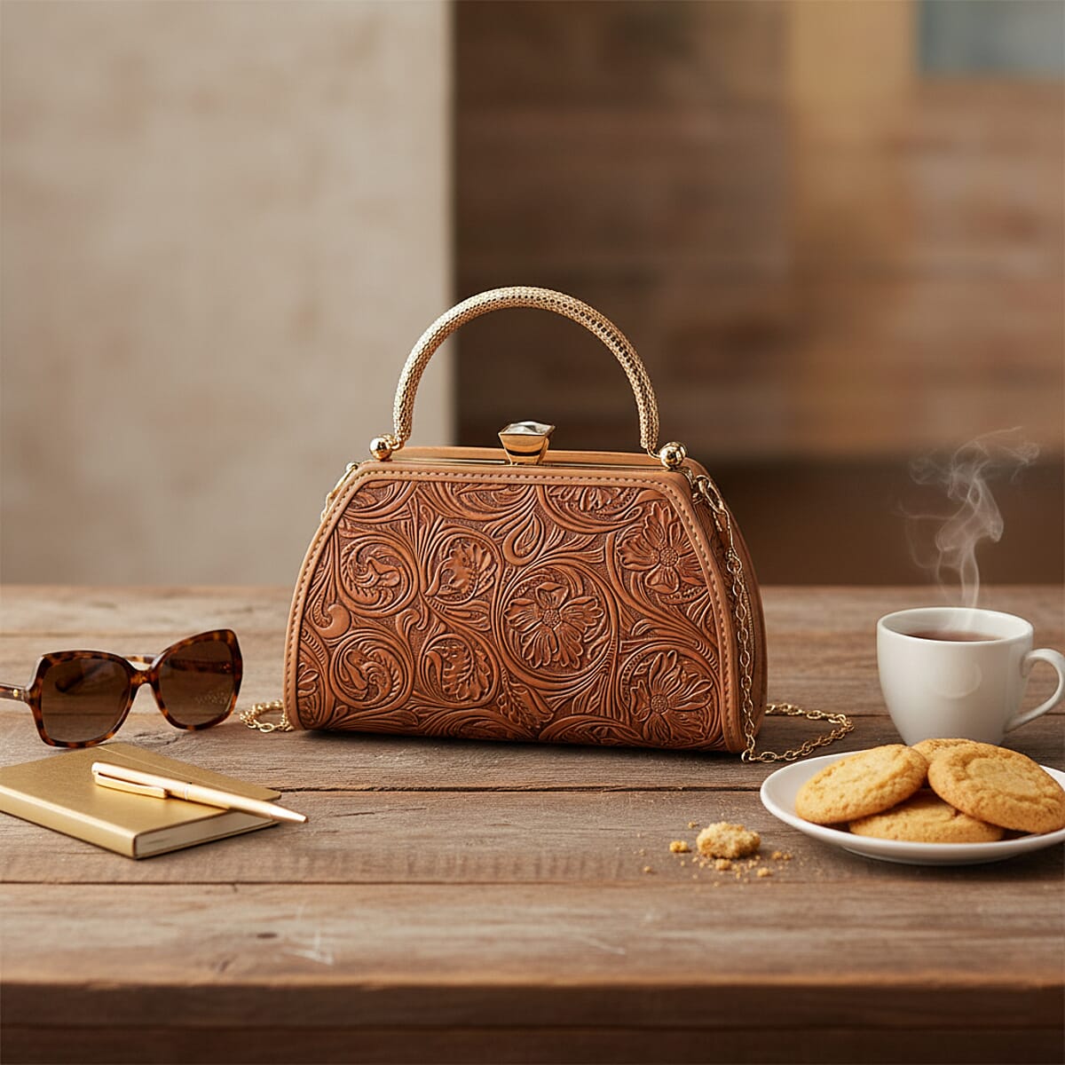 Doorbuster Brown Flower Embossed Faux Leather Trapezoidal Clutch Bag with Shoulder Strap image number 1