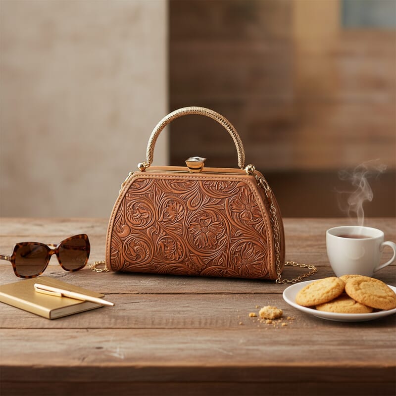 Brown Flower Embossed Faux Leather Trapezoidal Clutch Bag with Shoulder Strap