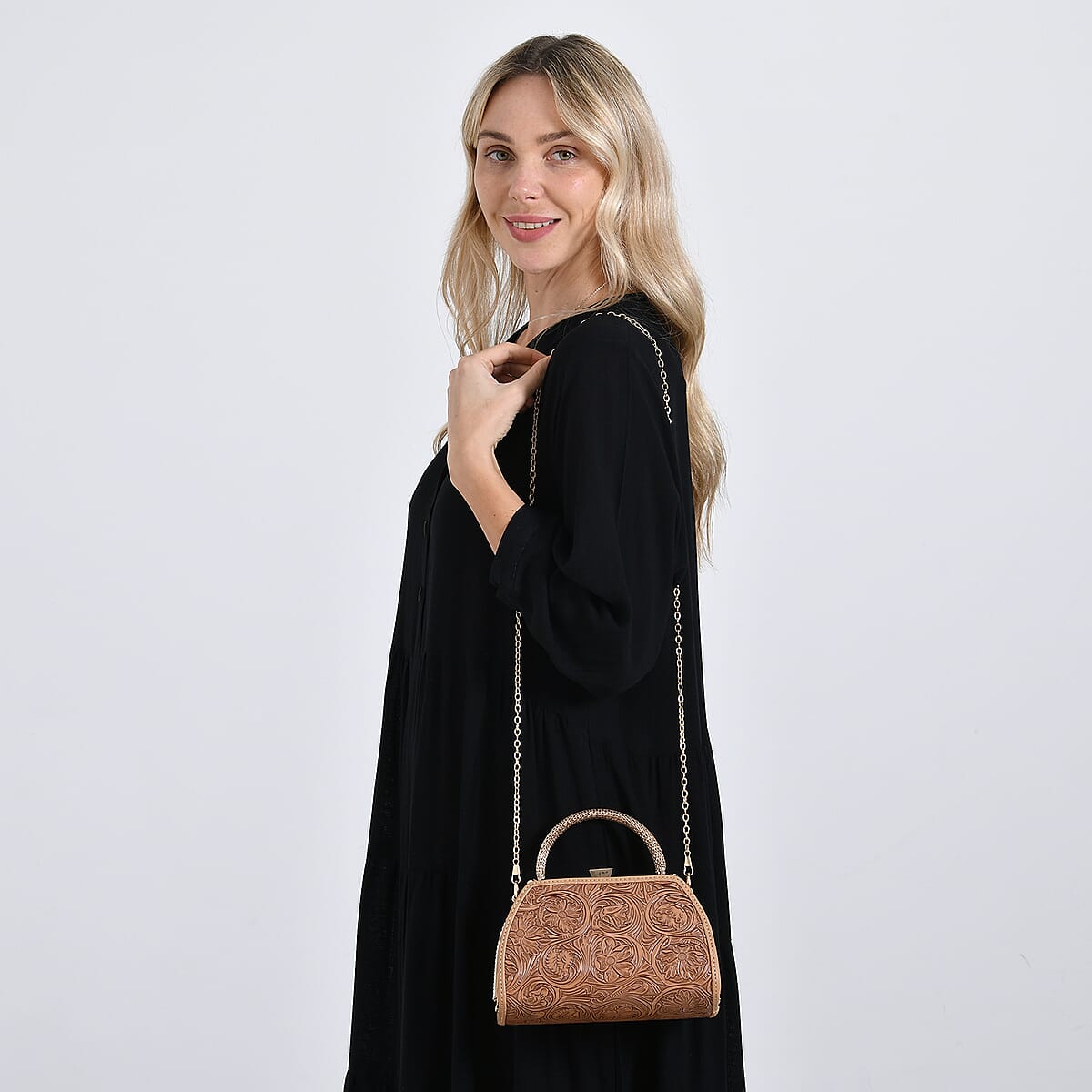 Doorbuster Brown Flower Embossed Faux Leather Trapezoidal Clutch Bag with Shoulder Strap image number 2