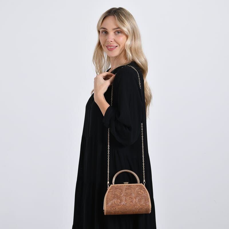 Brown Flower Embossed Faux Leather Trapezoidal Clutch Bag with Shoulder Strap