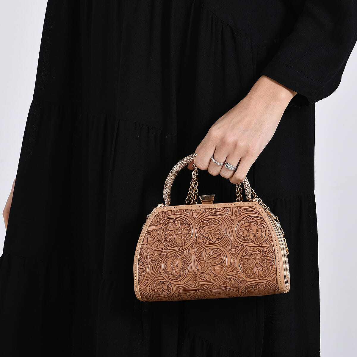 Doorbuster Brown Flower Embossed Faux Leather Trapezoidal Clutch Bag with Shoulder Strap image number 3