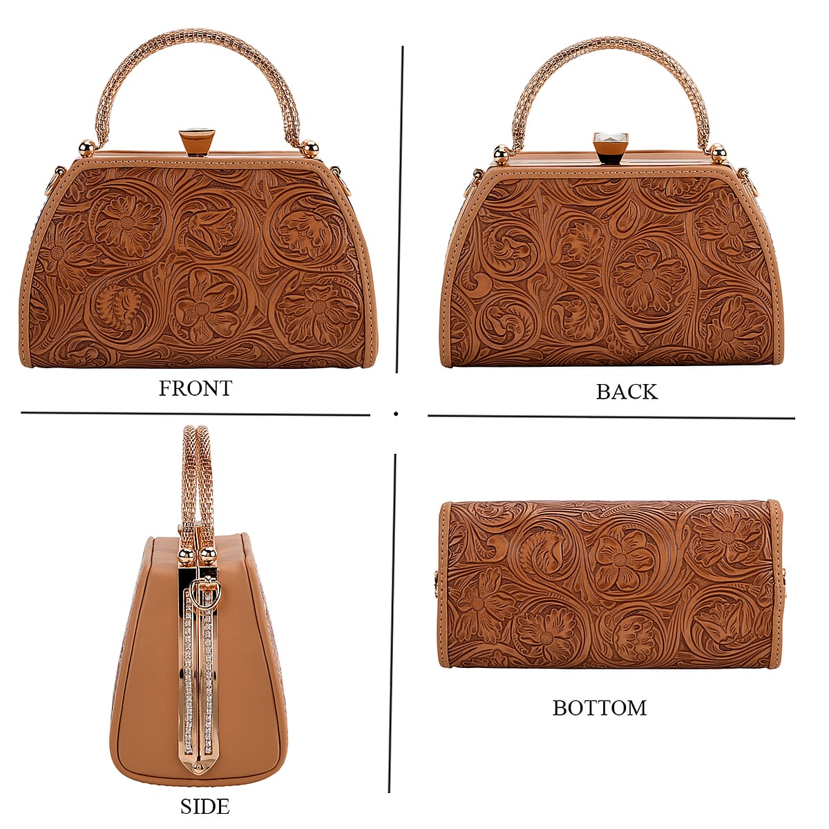 Doorbuster Brown Flower Embossed Faux Leather Trapezoidal Clutch Bag with Shoulder Strap image number 4