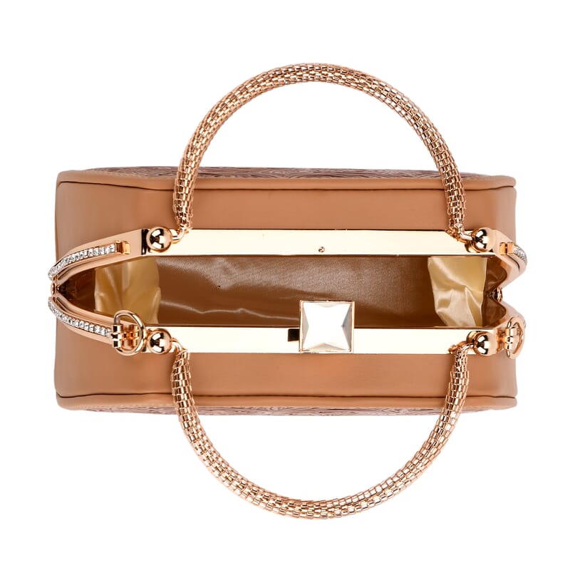 Brown Flower Embossed Faux Leather Trapezoidal Clutch Bag with Shoulder Strap