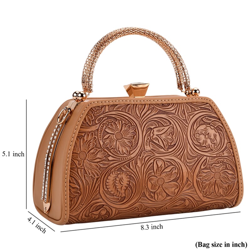 Brown Flower Embossed Faux Leather Trapezoidal Clutch Bag with Shoulder Strap