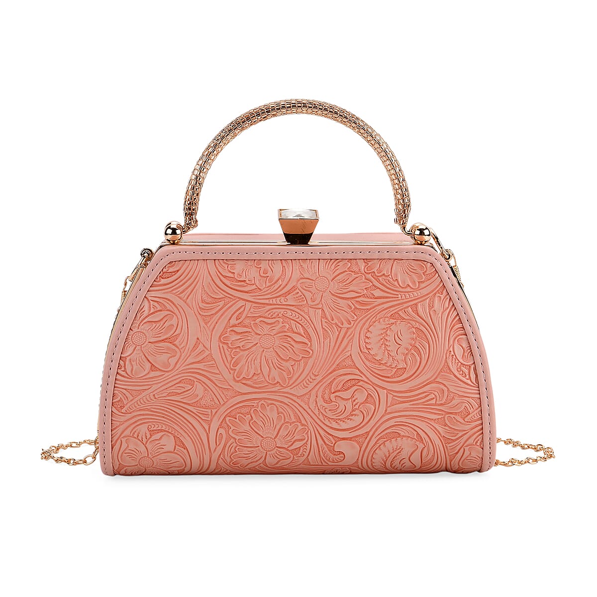  Pink Flower Embossed Faux Leather Trapezoidal Clutch Bag with Shoulder Strap image number 0