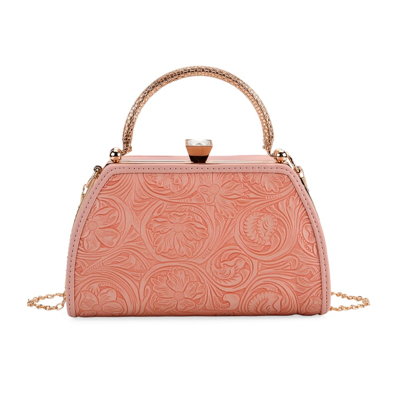 Pink Flower Embossed Faux Leather Trapezoidal Clutch Bag with Shoulder Strap