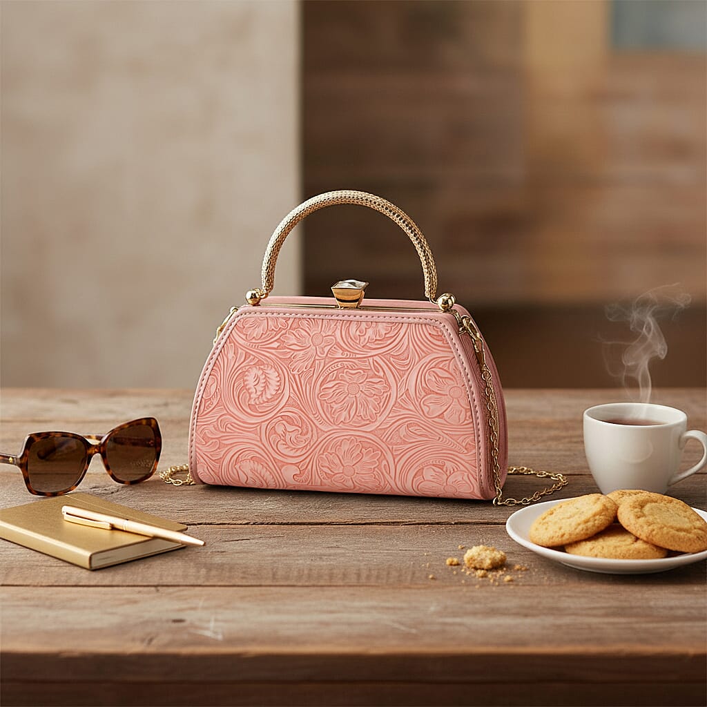 Pink Flower Embossed Faux Leather Trapezoidal Clutch Bag with Shoulder Strap