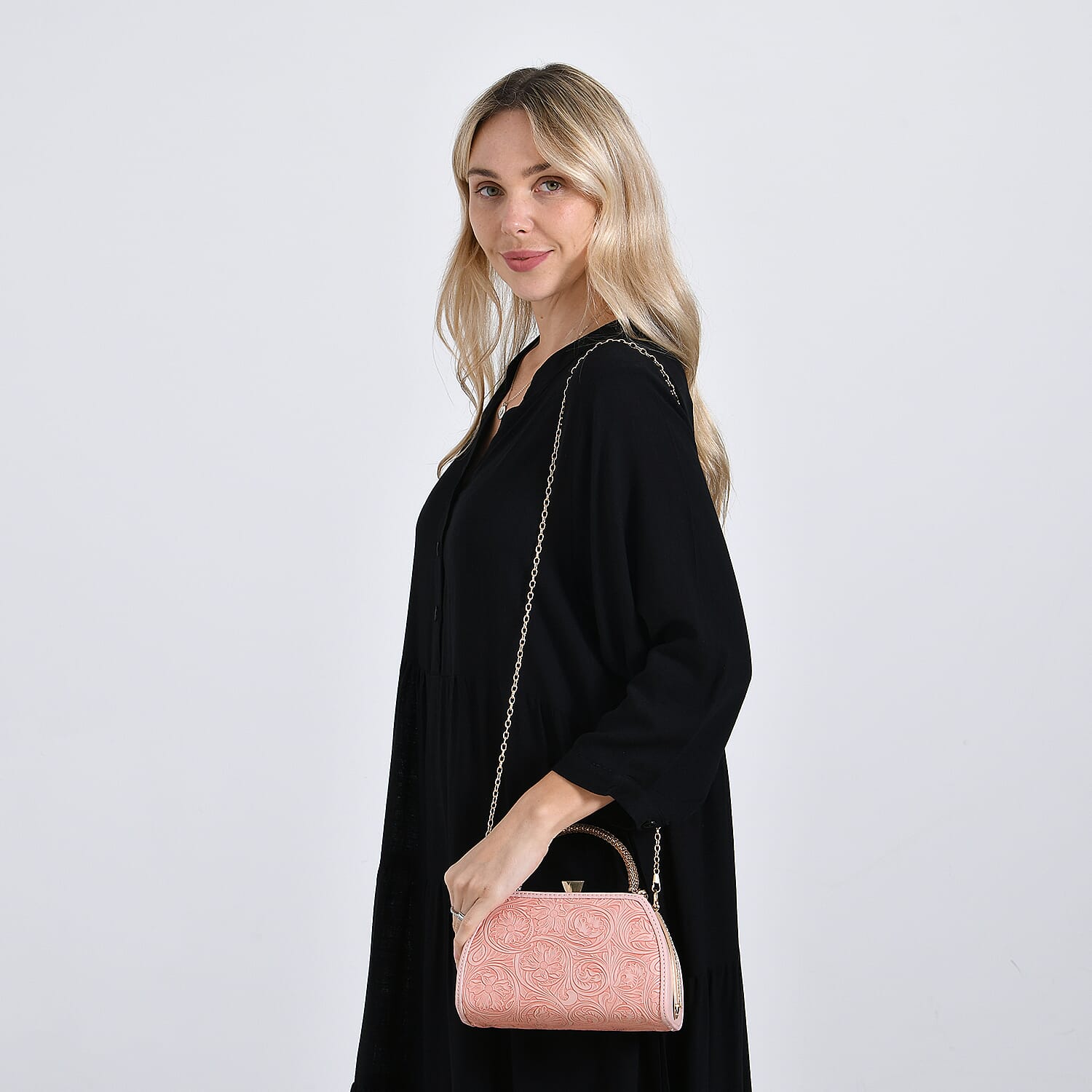 Pink Flower Embossed Faux Leather Trapezoidal Clutch Bag with Shoulder Strap