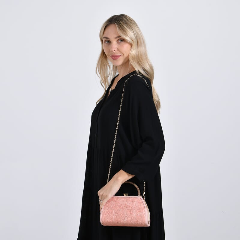 Pink Flower Embossed Faux Leather Trapezoidal Clutch Bag with Shoulder Strap