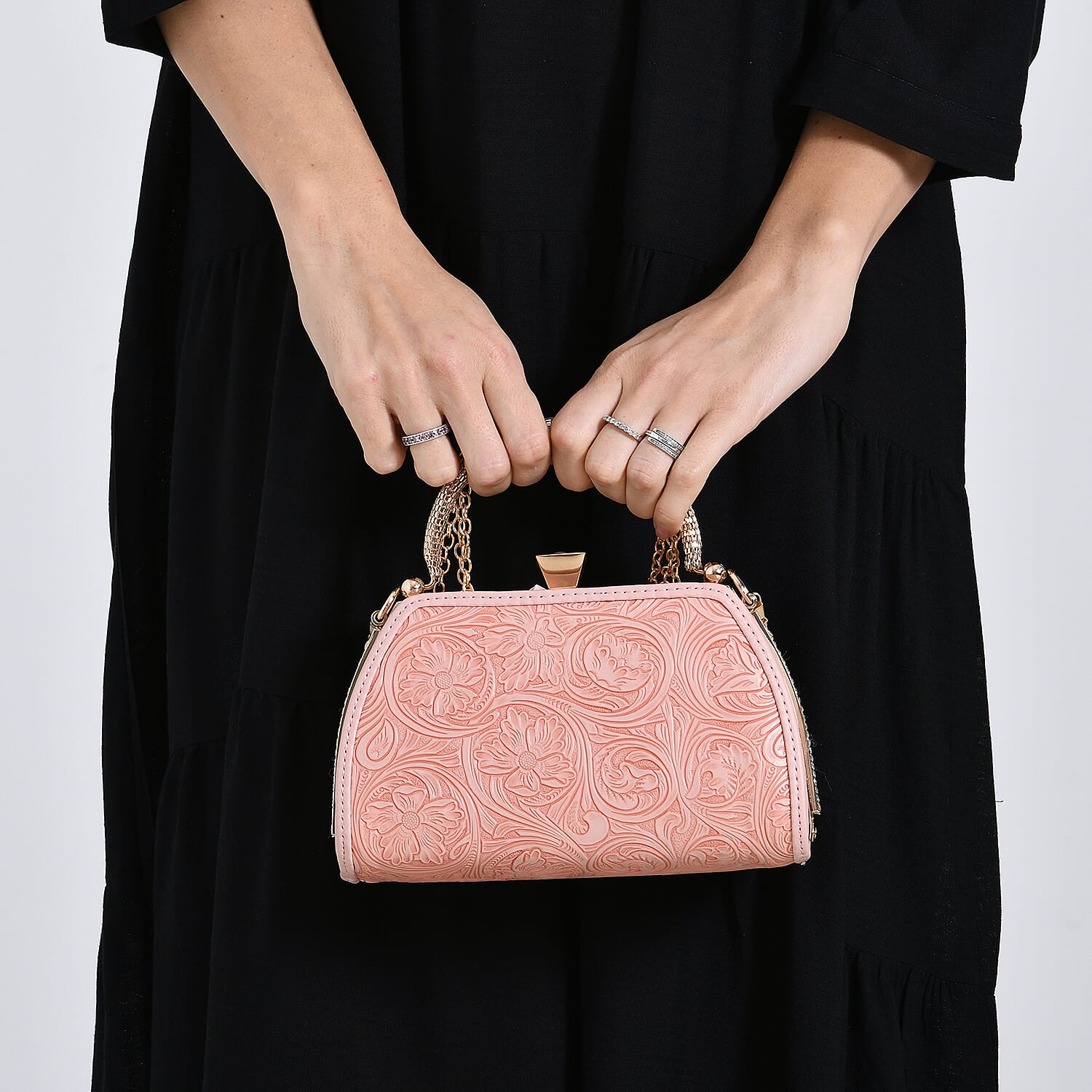 Pink Flower Embossed Faux Leather Trapezoidal Clutch Bag with Shoulder Strap