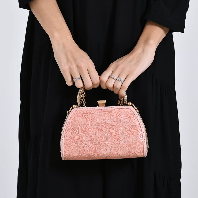 Pink Flower Embossed Faux Leather Trapezoidal Clutch Bag with Shoulder Strap