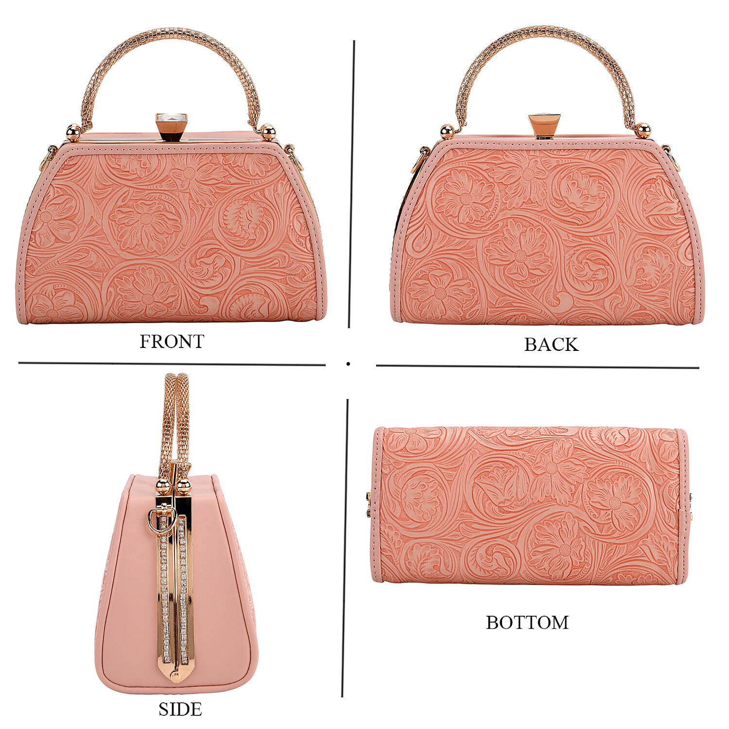 Pink Flower Embossed Faux Leather Trapezoidal Clutch Bag with Shoulder Strap