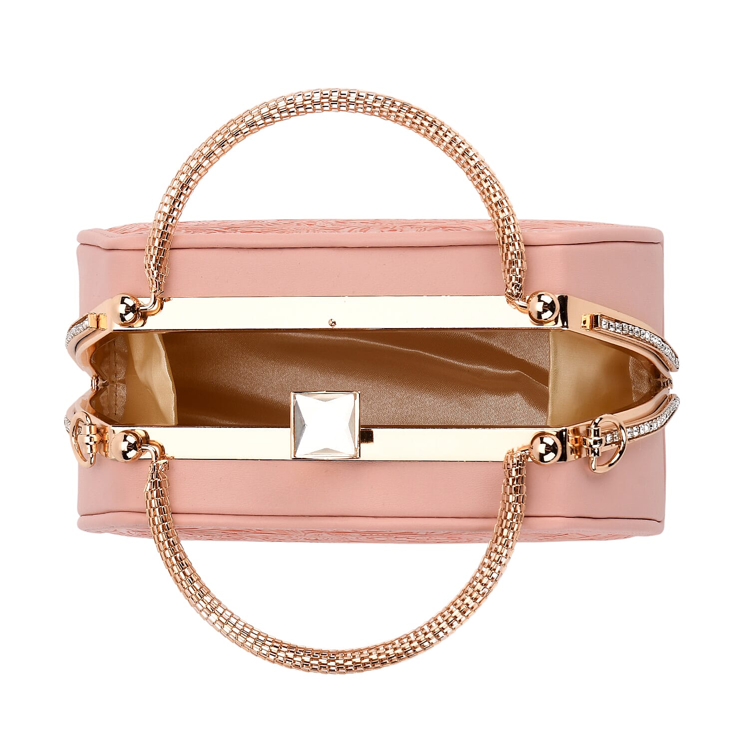 Pink Flower Embossed Faux Leather Trapezoidal Clutch Bag with Shoulder Strap