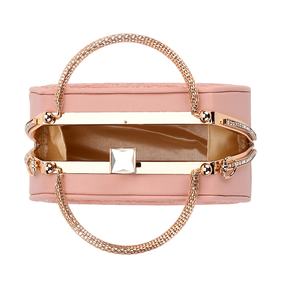  Pink Flower Embossed Faux Leather Trapezoidal Clutch Bag with Shoulder Strap image number 5