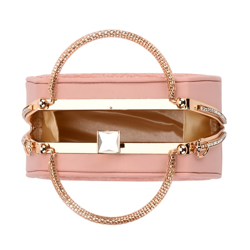 Pink Flower Embossed Faux Leather Trapezoidal Clutch Bag with Shoulder Strap
