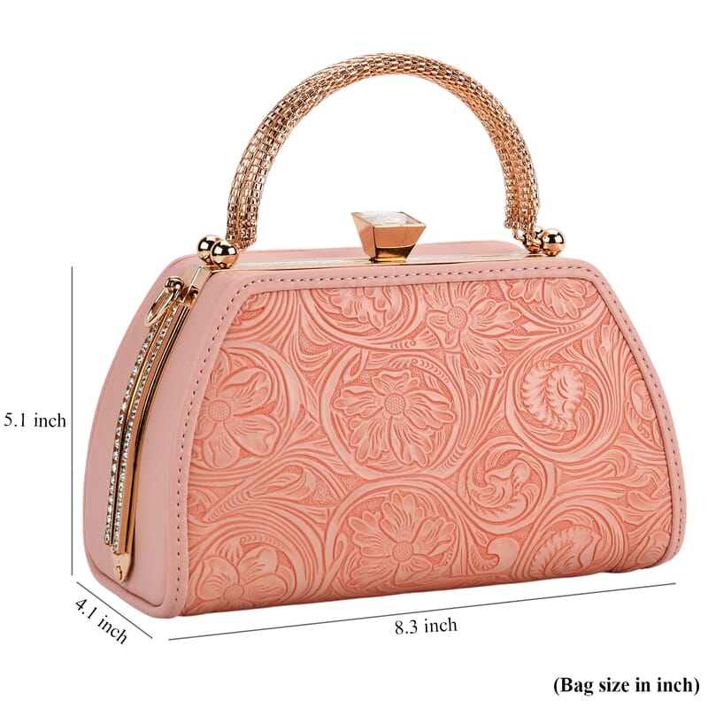 Pink Flower Embossed Faux Leather Trapezoidal Clutch Bag with Shoulder Strap