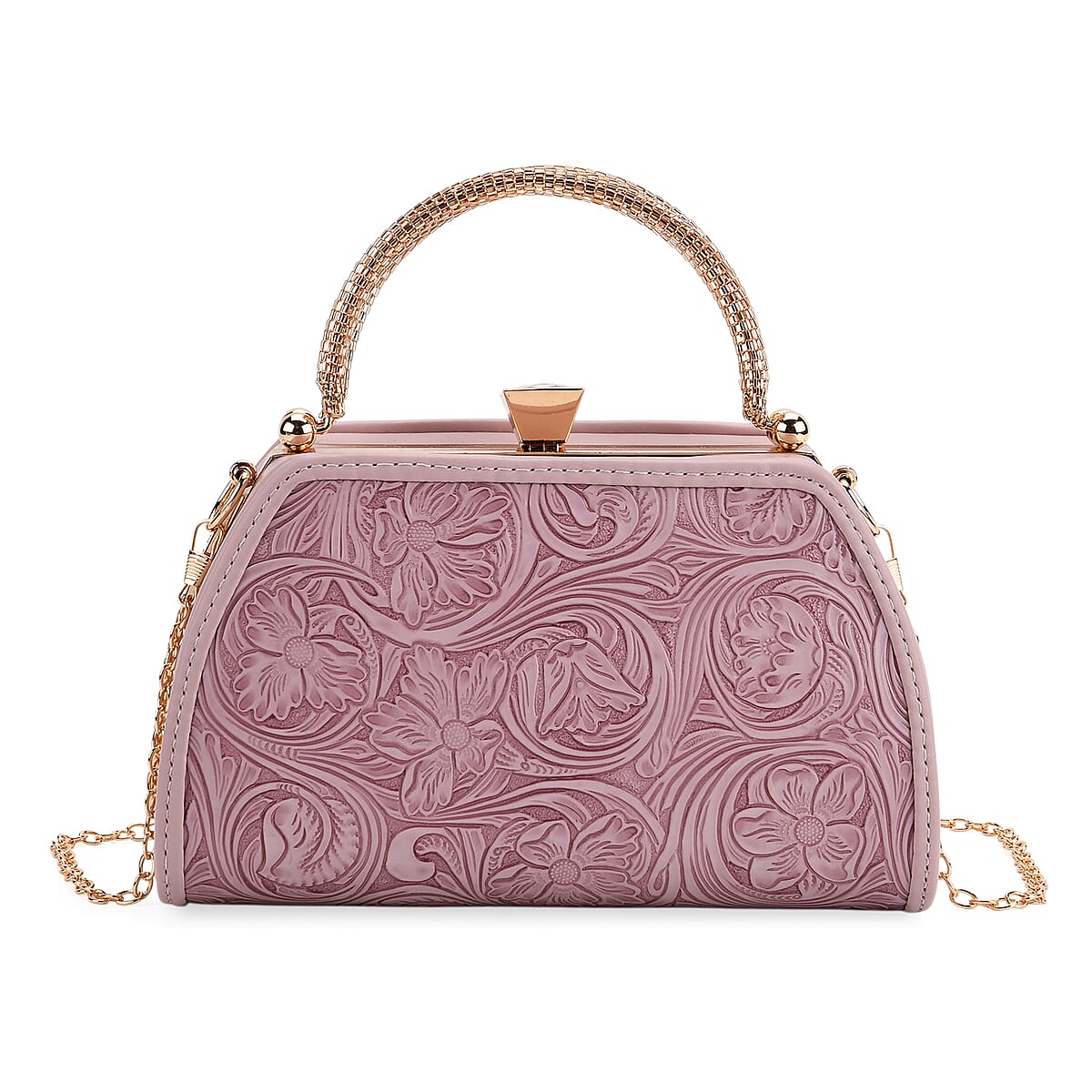  Purple Flower Embossed Faux Leather Trapezoidal Clutch Bag with Shoulder Strap image number 0