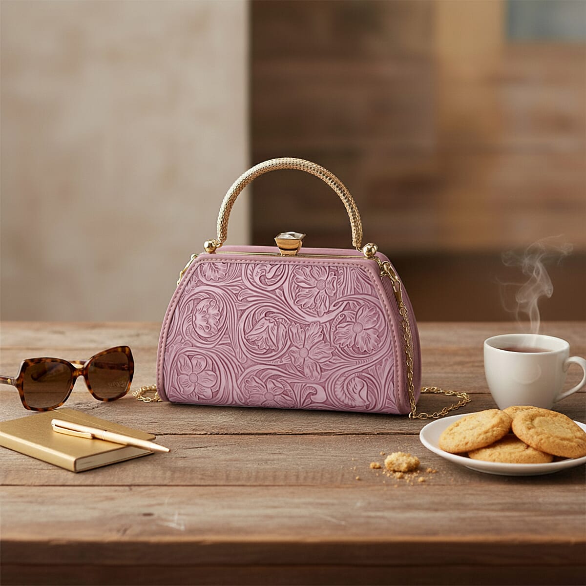  Purple Flower Embossed Faux Leather Trapezoidal Clutch Bag with Shoulder Strap image number 1