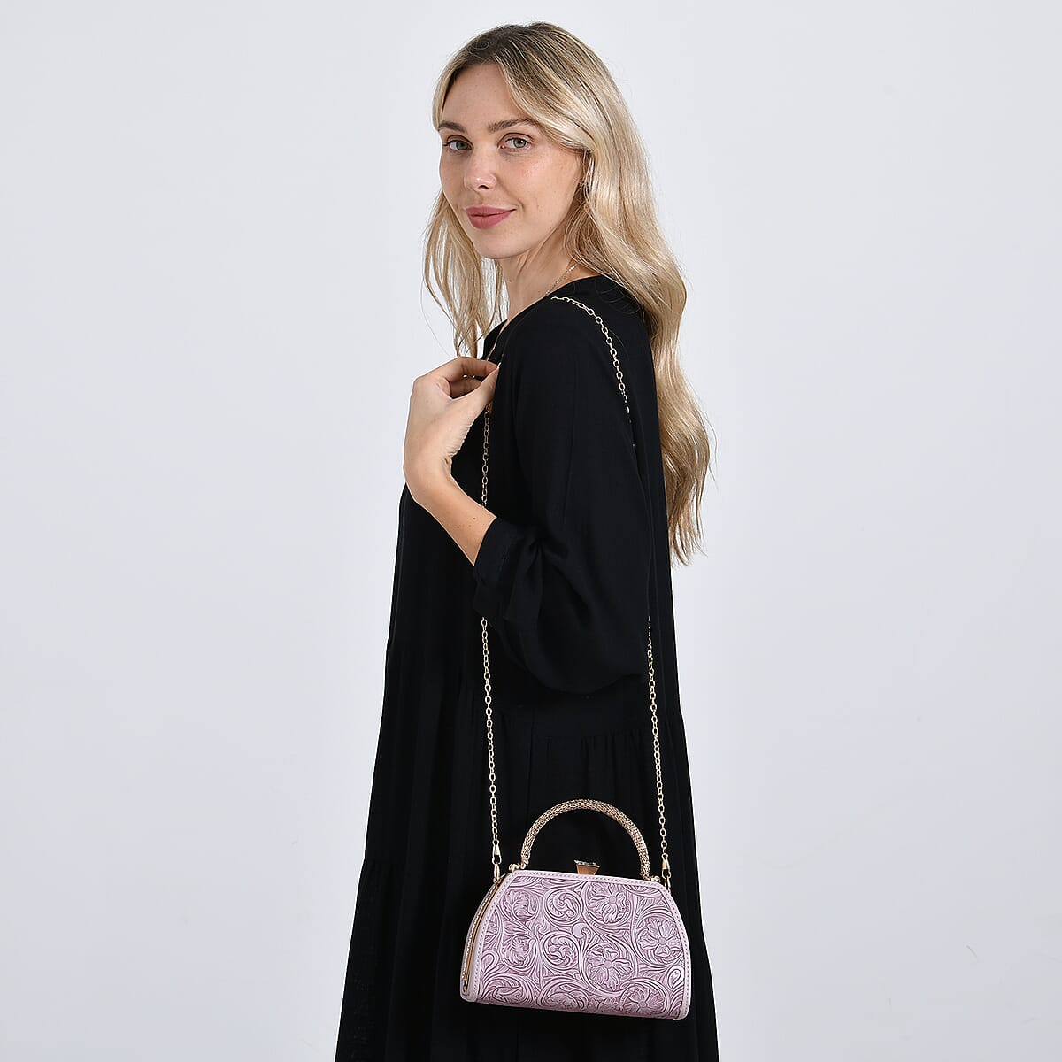  Purple Flower Embossed Faux Leather Trapezoidal Clutch Bag with Shoulder Strap image number 2