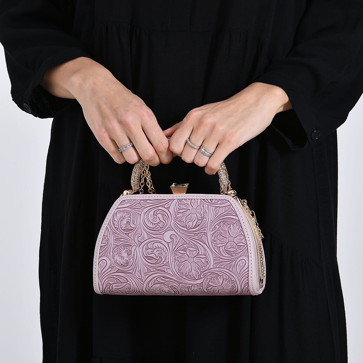  Purple Flower Embossed Faux Leather Trapezoidal Clutch Bag with Shoulder Strap image number 3