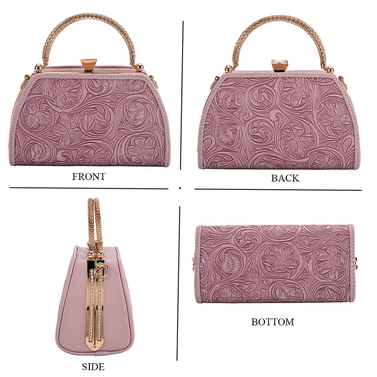  Purple Flower Embossed Faux Leather Trapezoidal Clutch Bag with Shoulder Strap image number 4