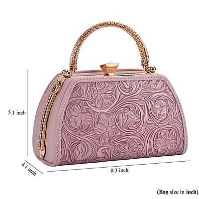 Purple Flower Embossed Faux Leather Trapezoidal Clutch Bag with Shoulder Strap