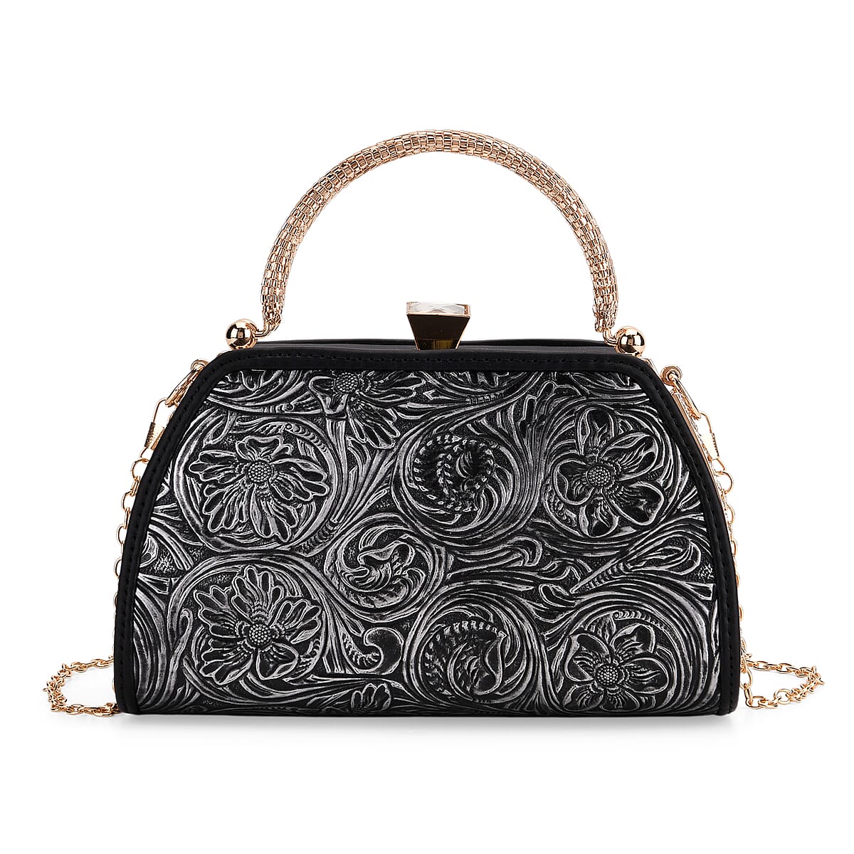  Black Flower Embossed Faux Leather Trapezoidal Clutch Bag with Shoulder Strap image number 0