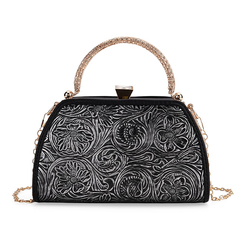 Black Flower Embossed Faux Leather Trapezoidal Clutch Bag with Shoulder Strap