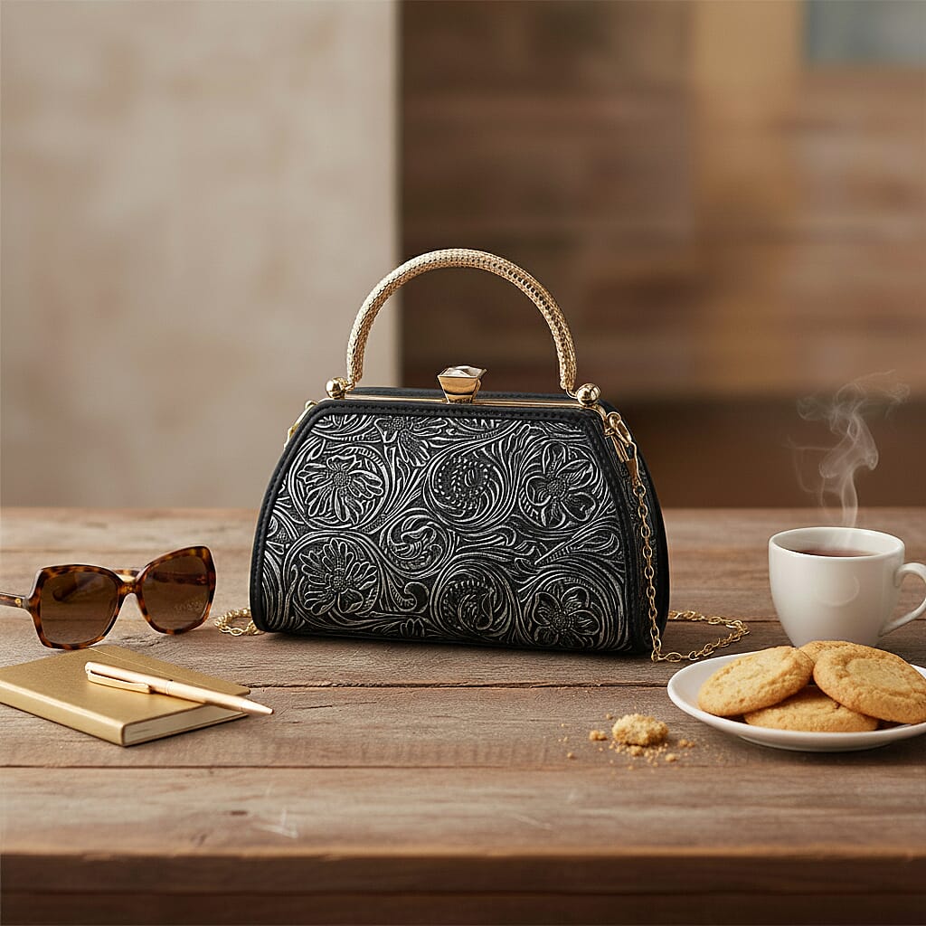 Black Flower Embossed Faux Leather Trapezoidal Clutch Bag with Shoulder Strap